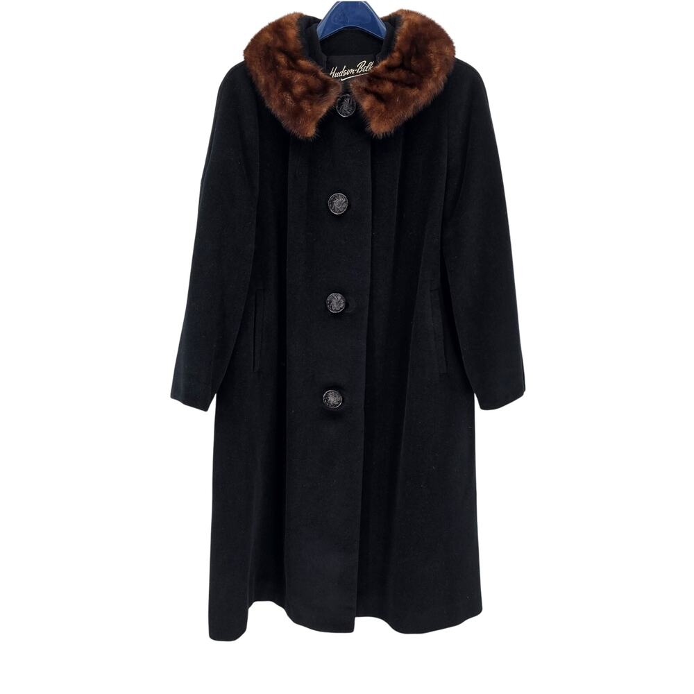Vintage 1950s 60s Hudson Belk Black Wool Swing Coat Brown Mink Collar Union Made